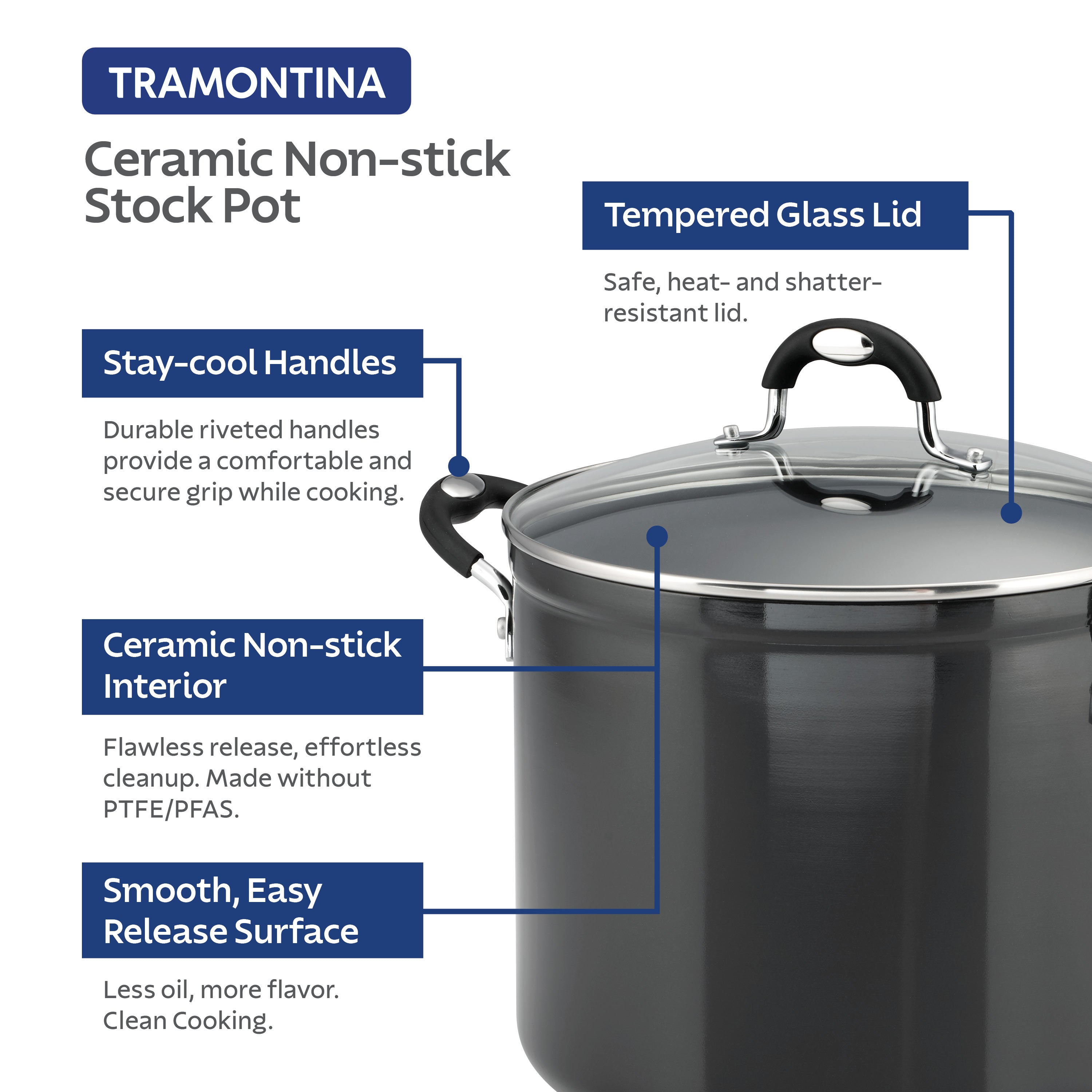 12 Quart Ceramic Nonstick Covered Stock Pot, Charcoal Gray