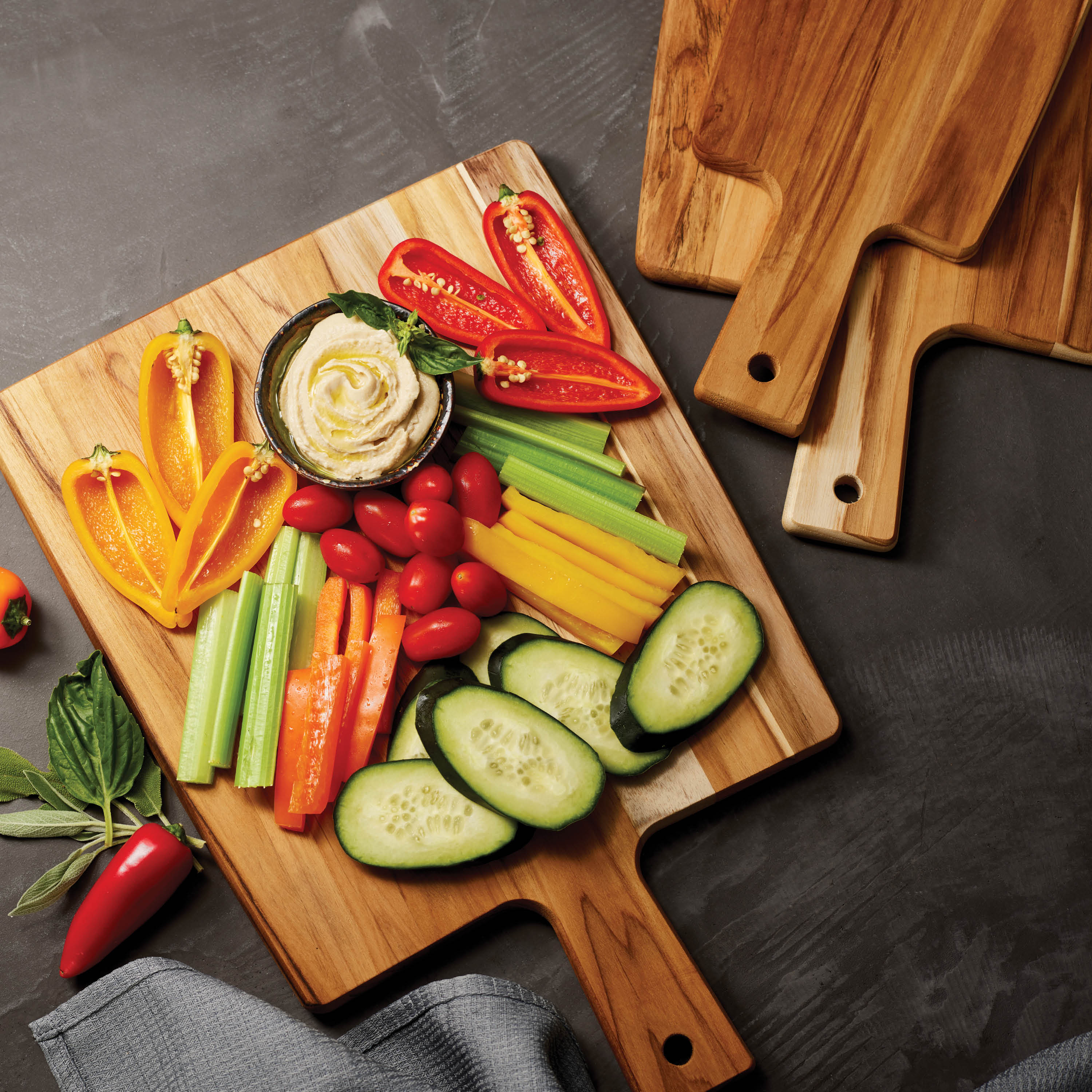 3 Piece Teak Wood Kitchen Board Set with Handles