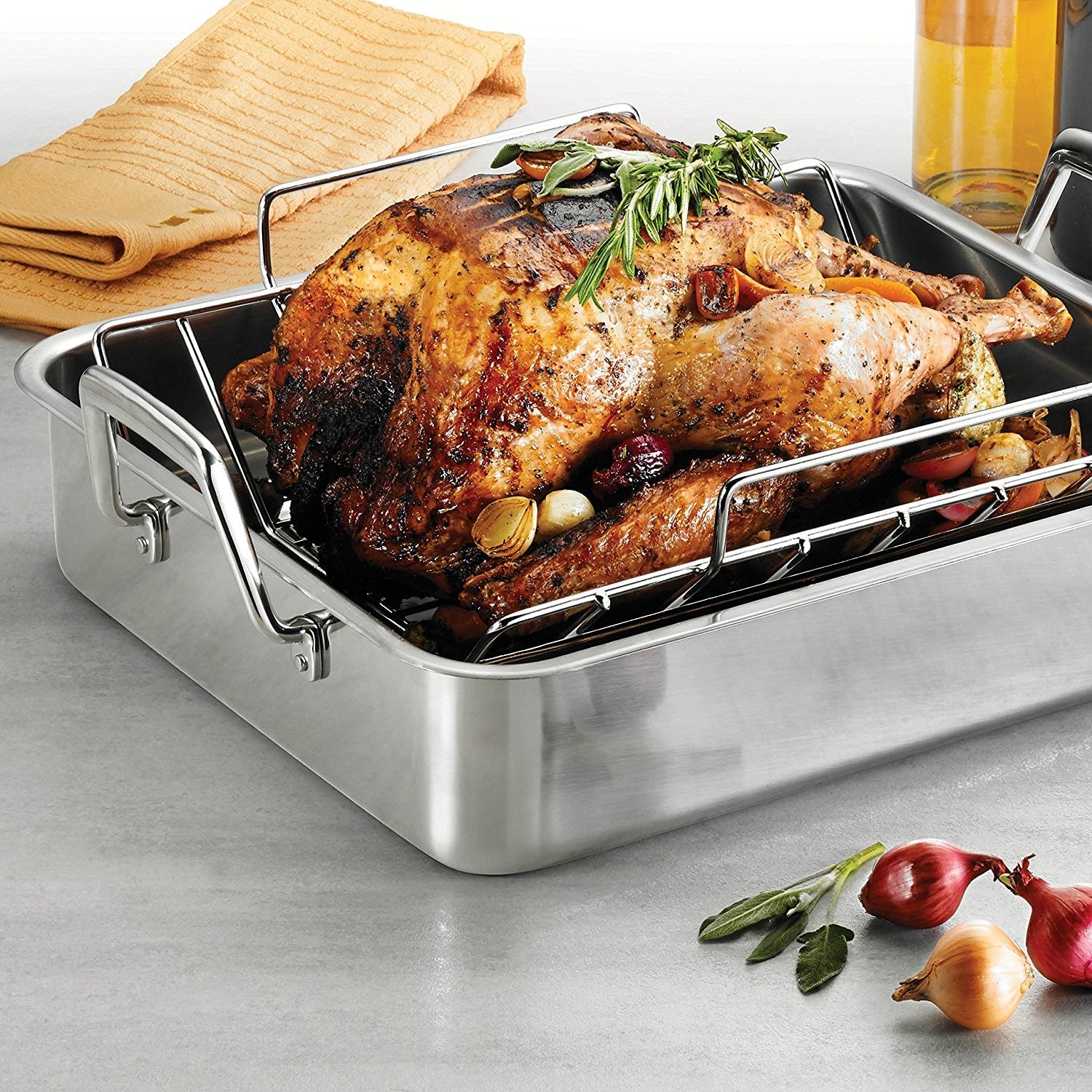 16.5 in Stainless Steel Deep Roasting Pan with Basting Grill & V-Rack